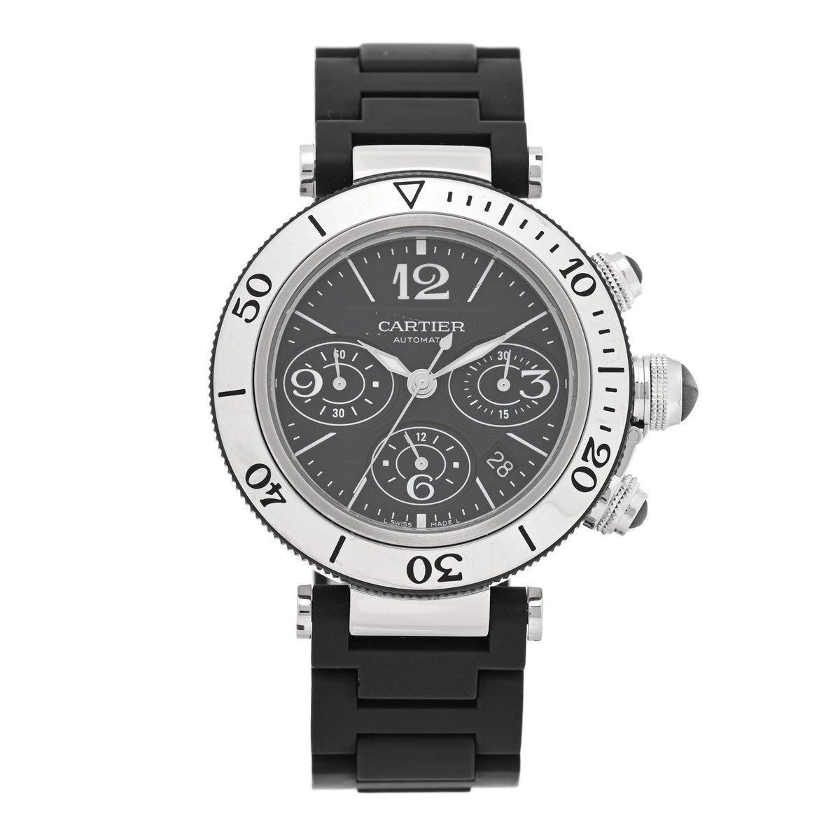 Cartier Stainless Steel Rubber 42mm Pasha Seatimer Watch Black