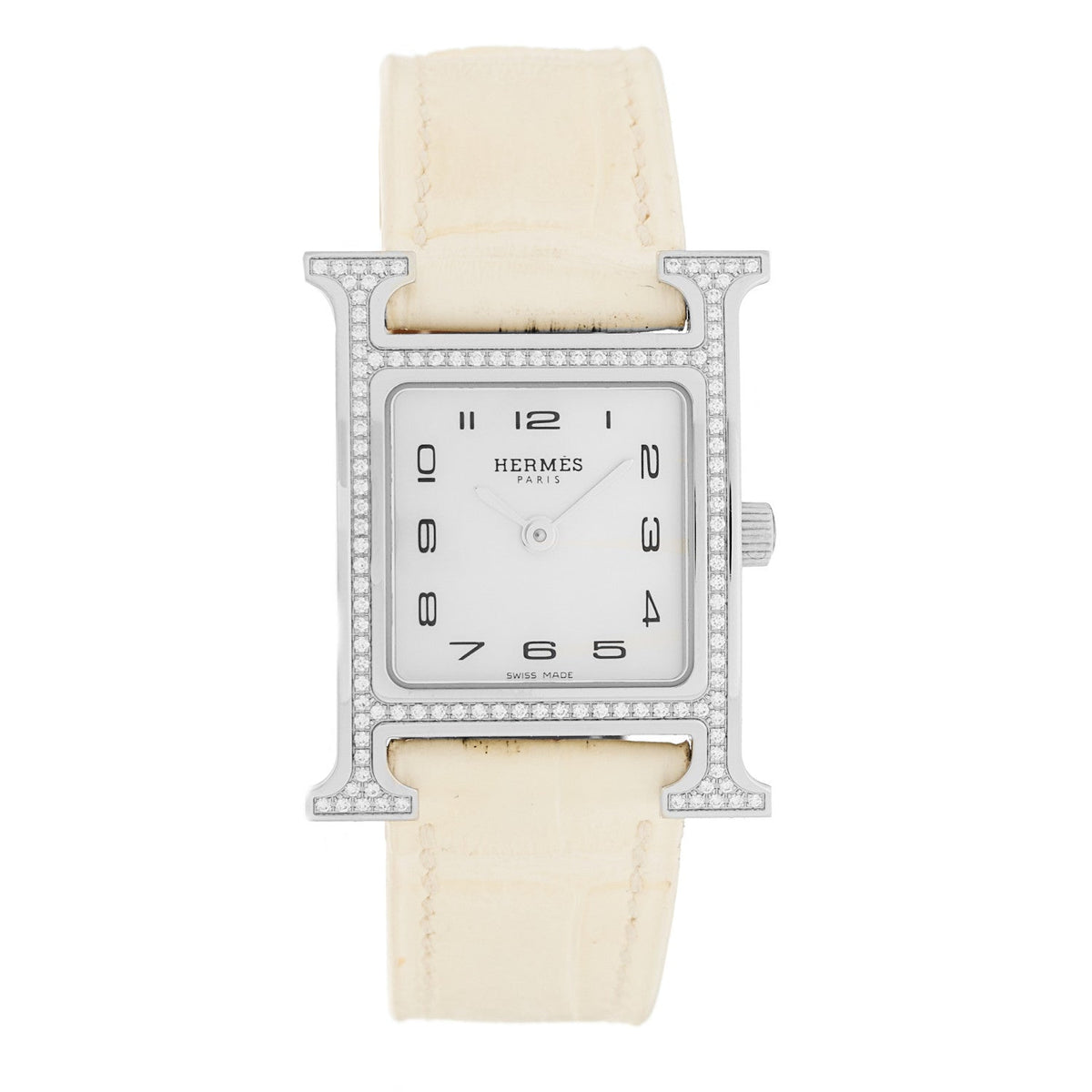 Hermes Stainless Steel Alligator Diamond 21mm Heure H Watch Blanc