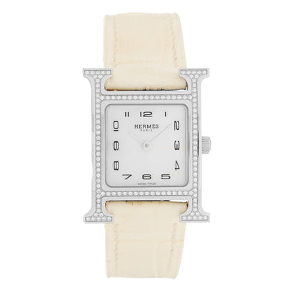Hermes Stainless Steel Alligator Diamond 21mm Heure H Watch Blanc