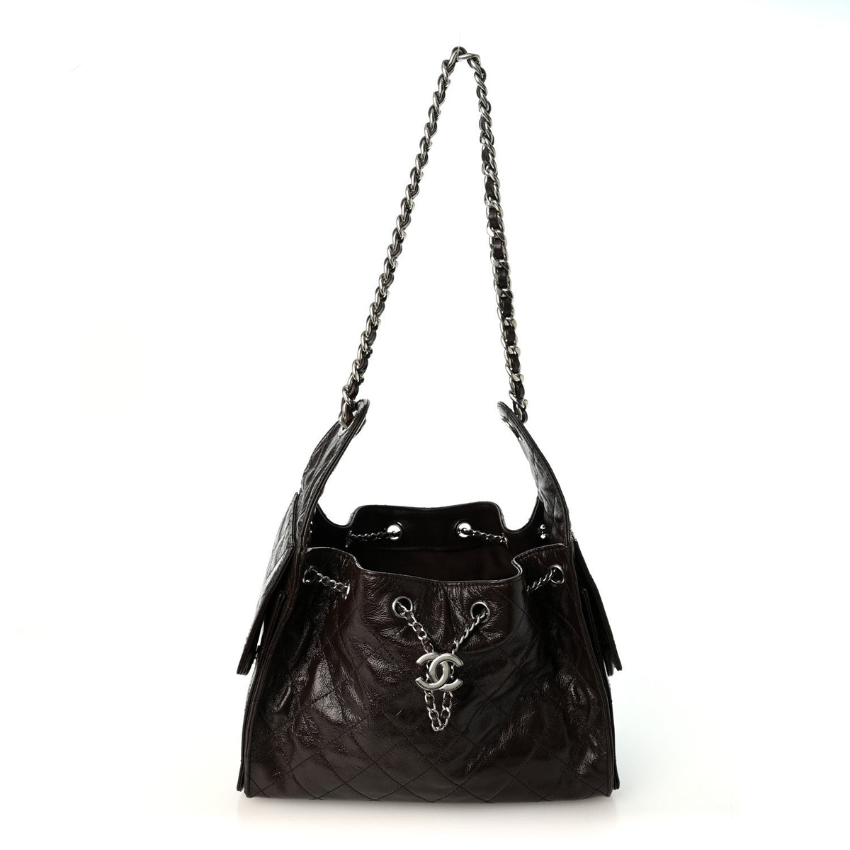 Chanel Shiny Crumpled Calfskin Quilted Small 25 Handbag Dark Brown