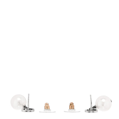 Chanel Crystal Pearl CC Drop Earrings Silver Pearly White