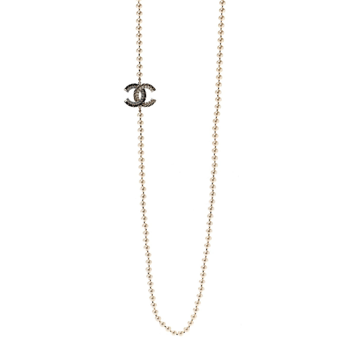 Chanel Pearl Crystal Lambskin CC Long Necklace Gold Black