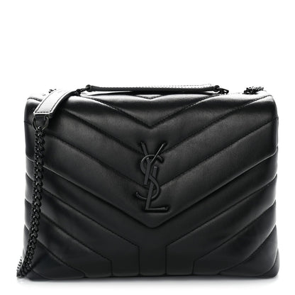 Saint Laurent Calfskin Y Quilted Monogram Small Loulou Chain Satchel Black