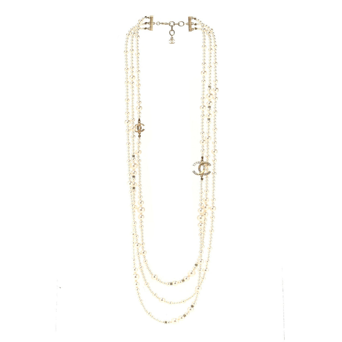 Chanel Metal Pearl Crystal Graduated CC Multi Strand Necklace Gold
