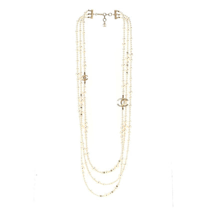 Chanel Metal Pearl Crystal Graduated CC Multi Strand Necklace Gold