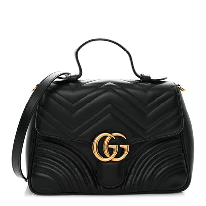 Gucci Calfskin Matelasse Small GG Marmont Top Handle Bag Black