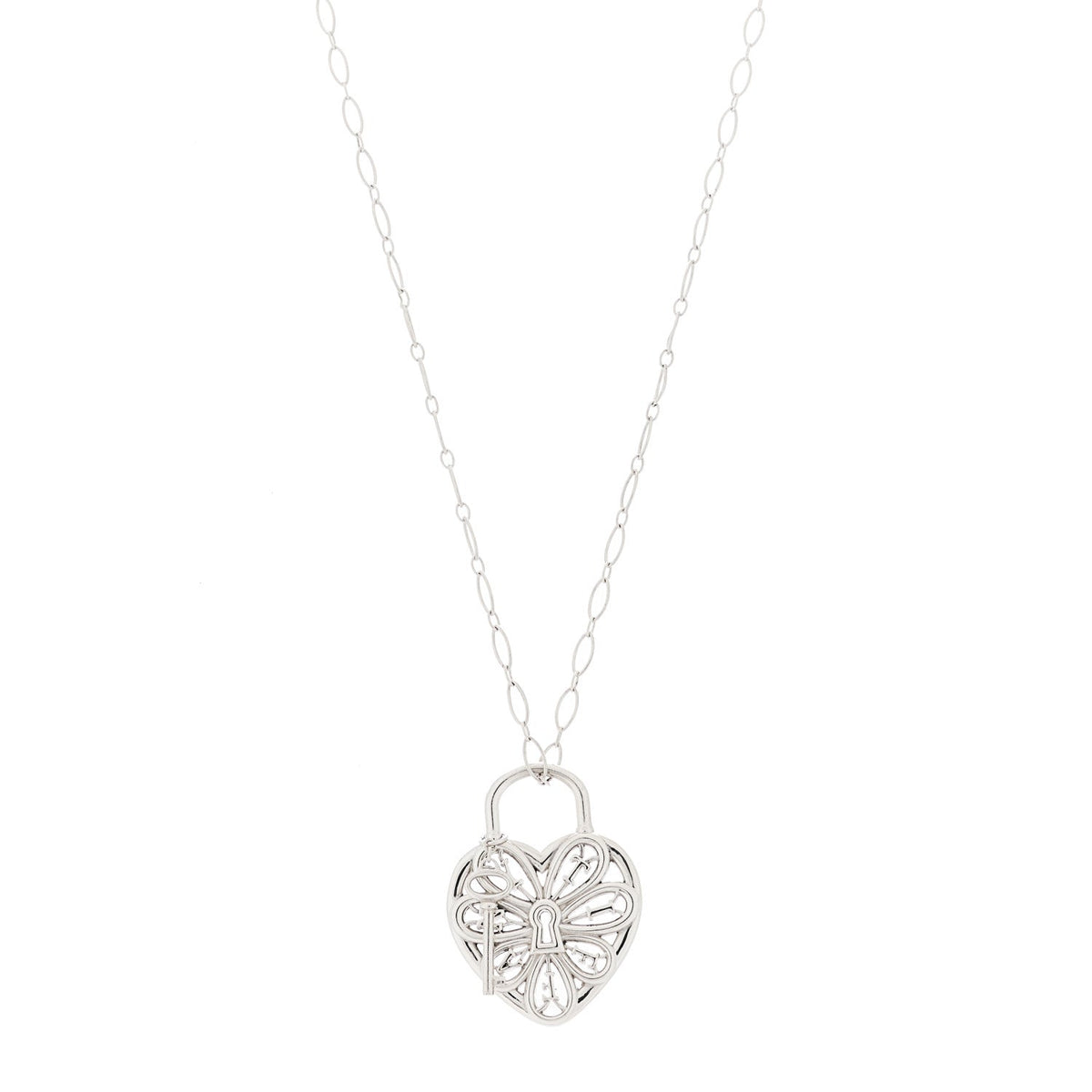 Tiffany Sterling Silver Large Filigree Heart Lock Key Pendant Necklace