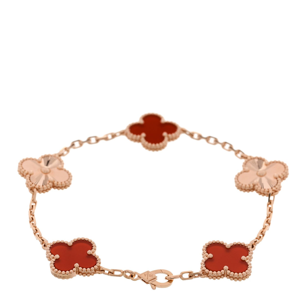18K Rose Gold Carnelian 5 Motifs Guilloche Vintage Alhambra Bracelet