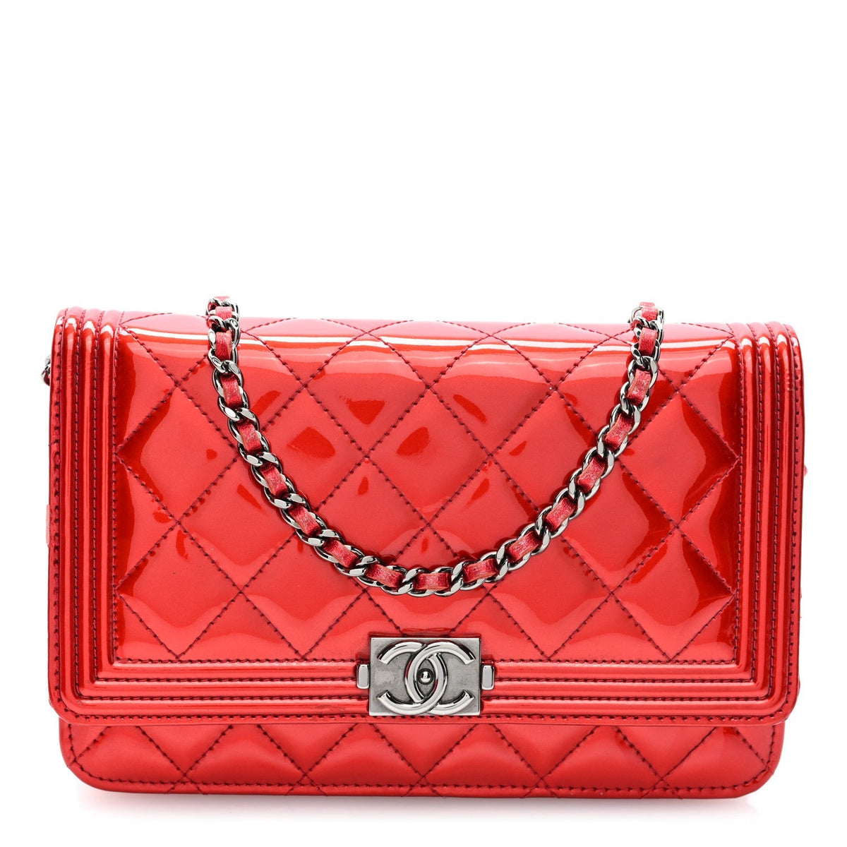 Chanel Metallic Patent Calfskin Quilted Boy Wallet On Chain Red 1985854