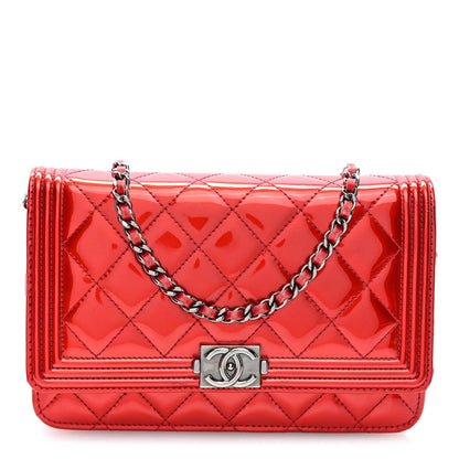 Chanel Metallic Patent Calfskin Quilted Boy Wallet On Chain Red 1985854