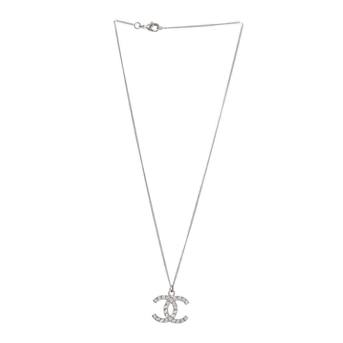 Chanel Baguette Crystal CC Necklace Silver