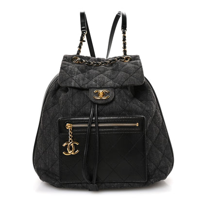 Chanel Denim Calfskin Quilted Backpack Dark Grey Black