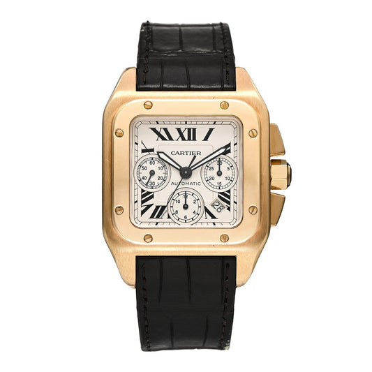 Cartier 18K Yellow Gold Alligator 41.5mm Santos 100 Chronograph Watch