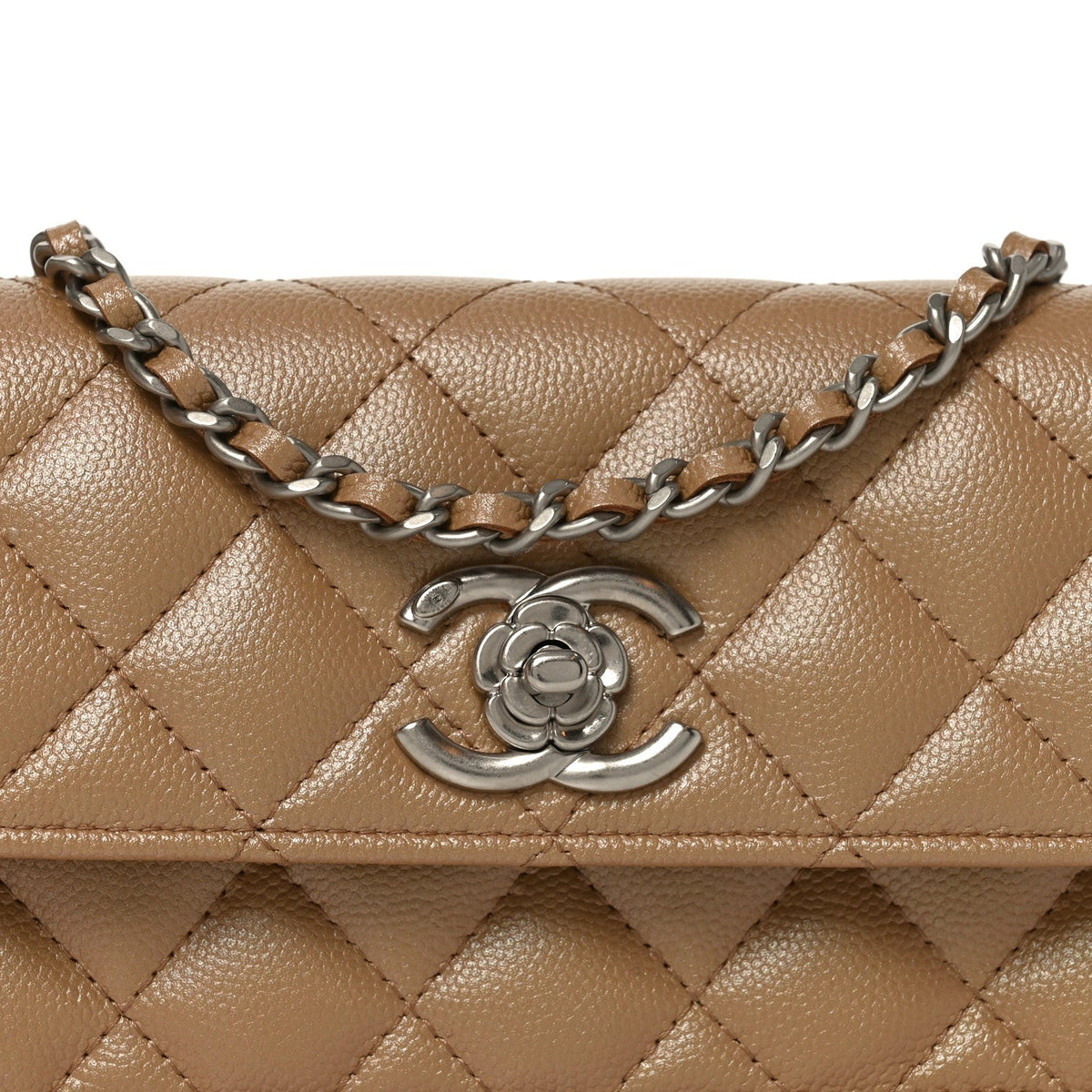 Chanel Iridescent Caviar Camellia Phone Holder With Chain Beige