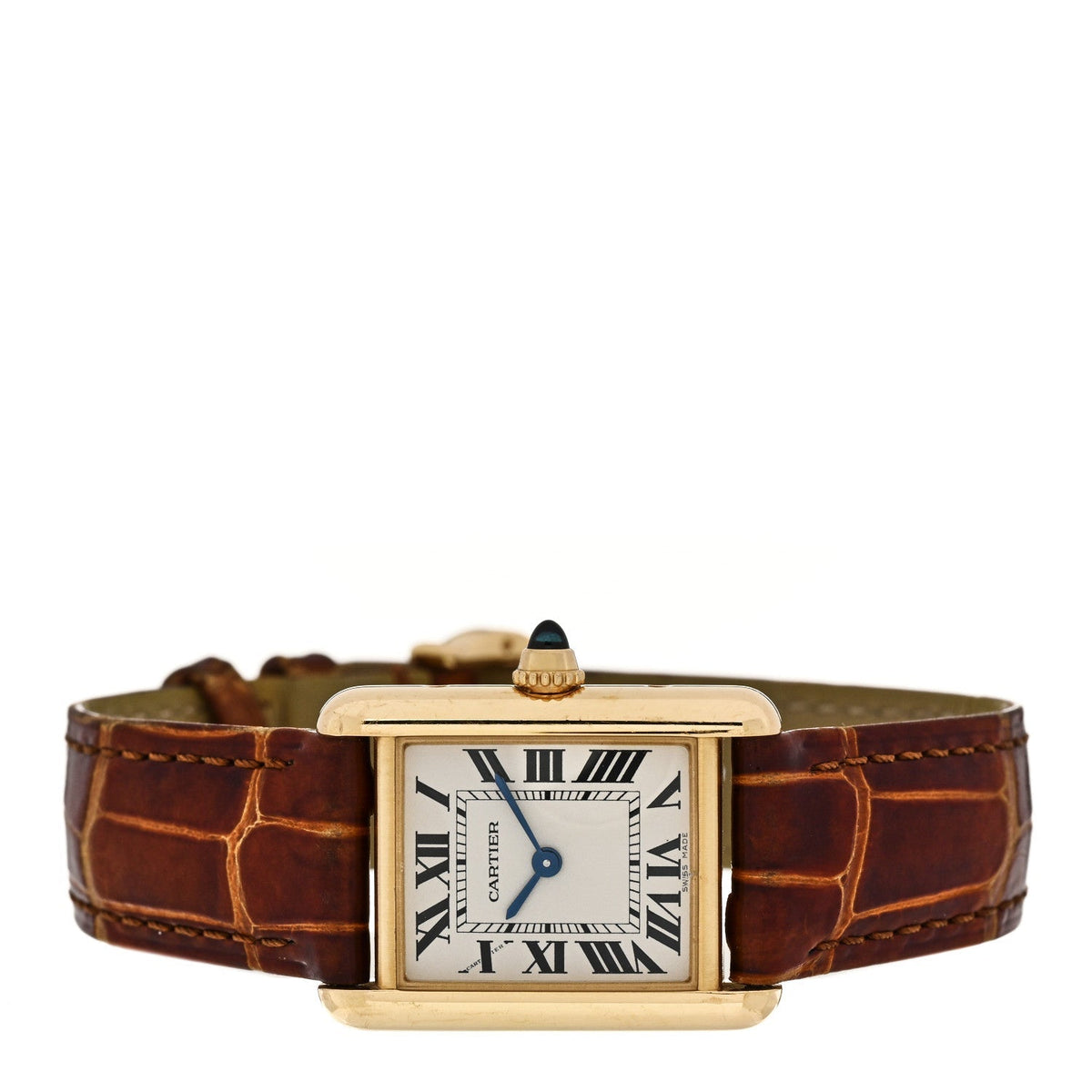 Cartier 18K Yellow Gold Alligator 22mm Tank Louis Quartz Watch Brown