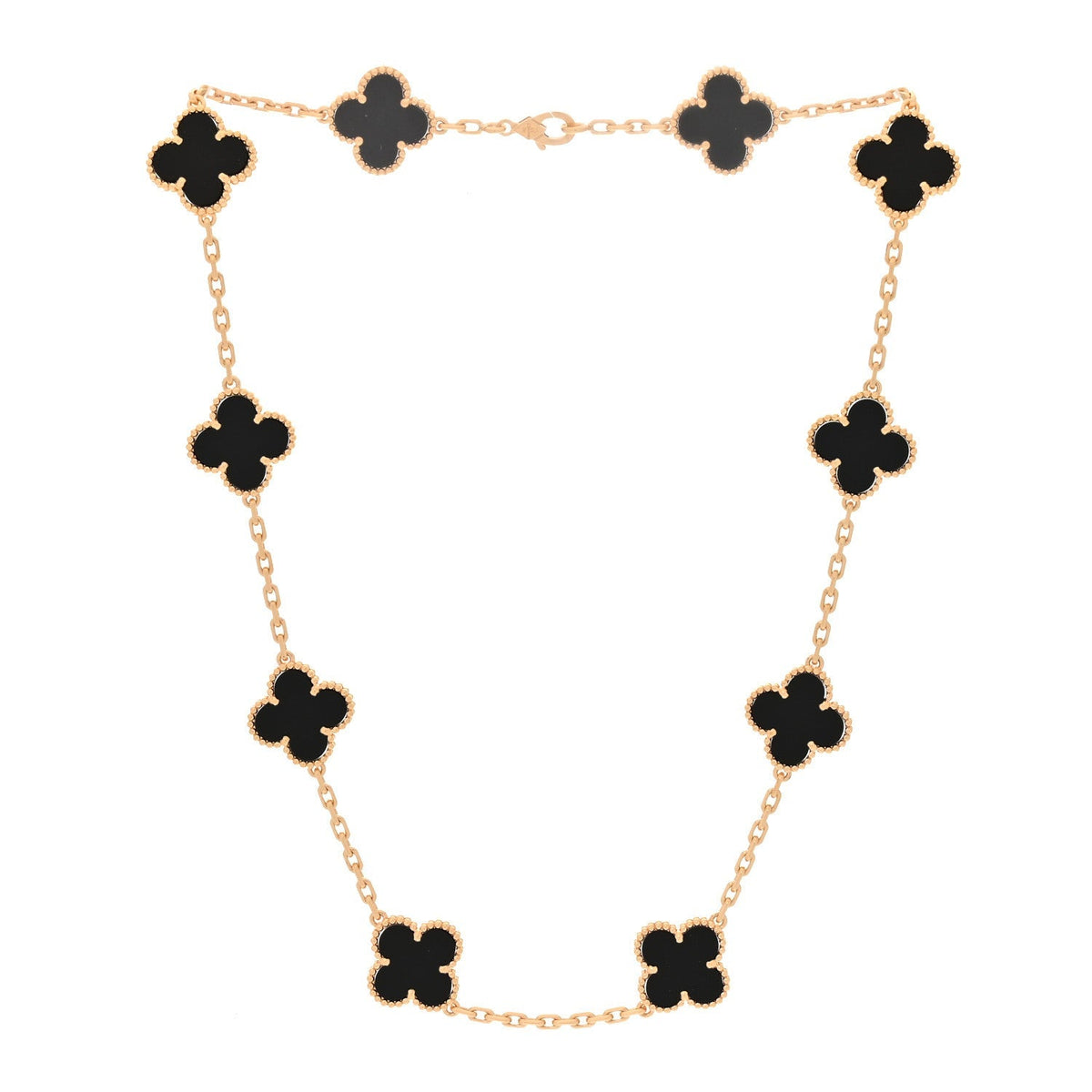 Van Cleef & Arpels 18K Yellow Gold Onyx 10 Motif Vintage Alhambra Necklace