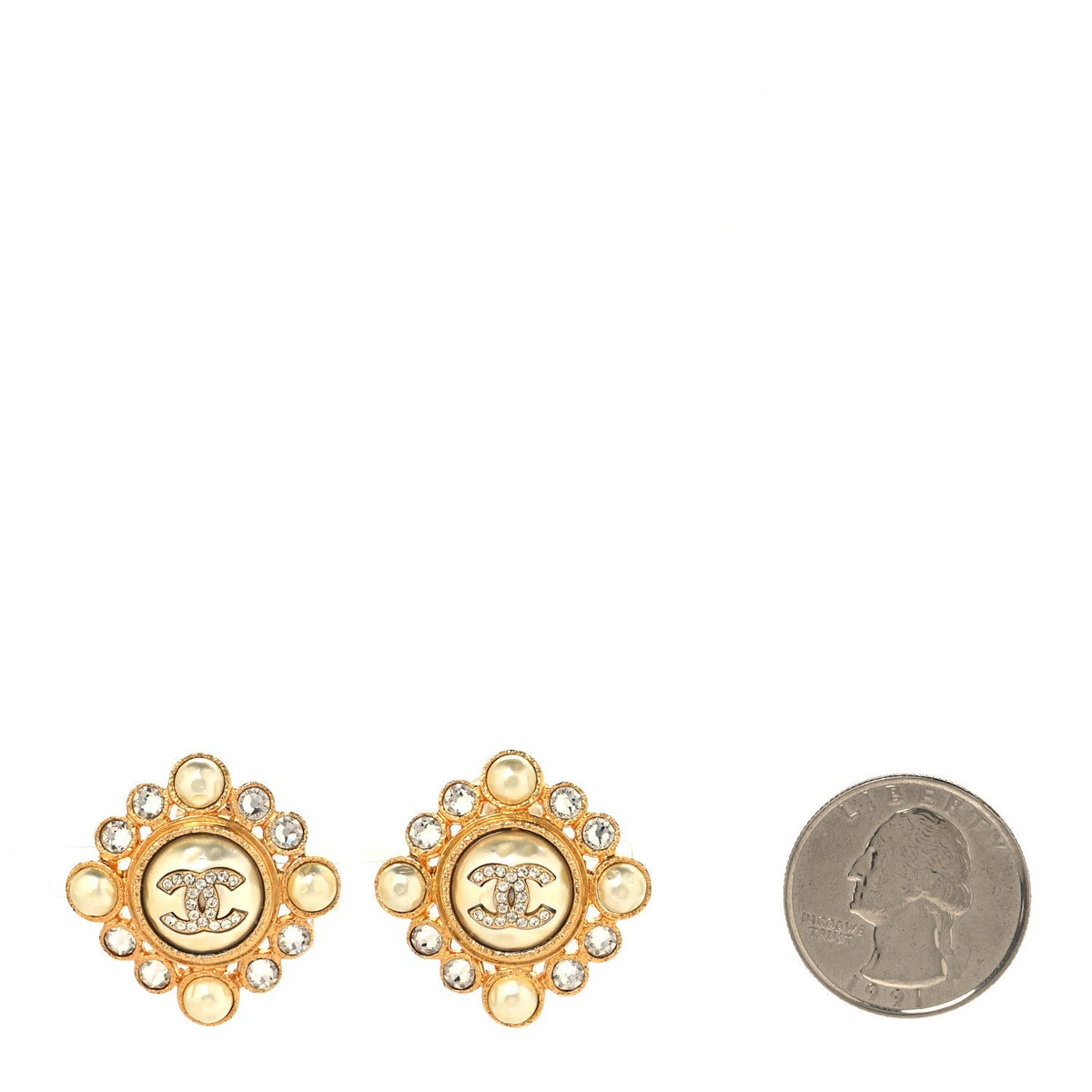 Chanel Crystal Pearl CC Clip On Earrings Gold