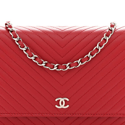 Chanel Caviar Chevron Quilted Wallet On Chain WOC Dark Red