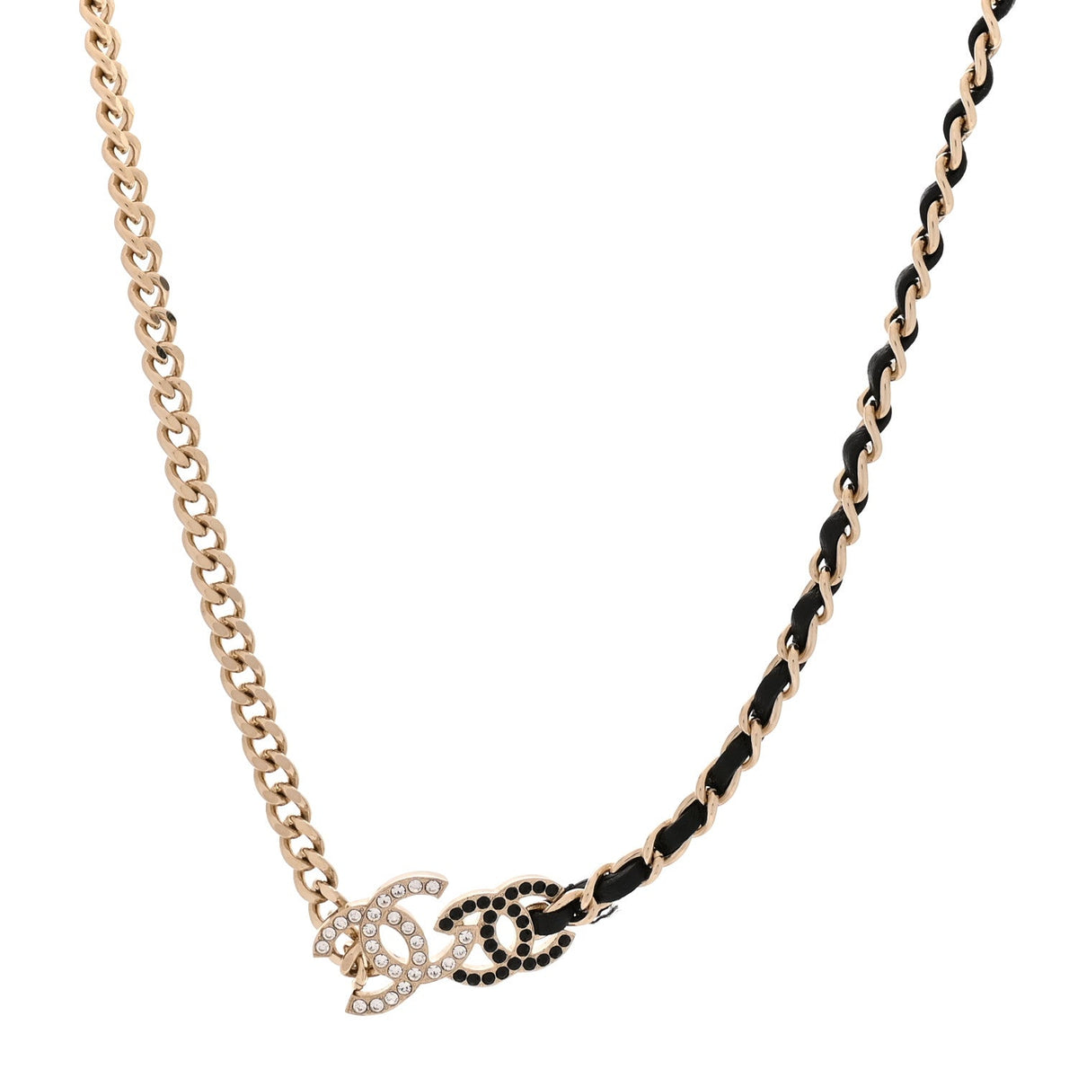 Chanel Metal Calfskin Crystal CC Short Necklace Black Gold