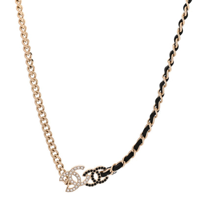 Chanel Metal Calfskin Crystal CC Short Necklace Black Gold