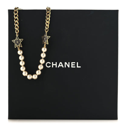 Chanel Metal Enamel Pearl Star CC Necklace Gold White