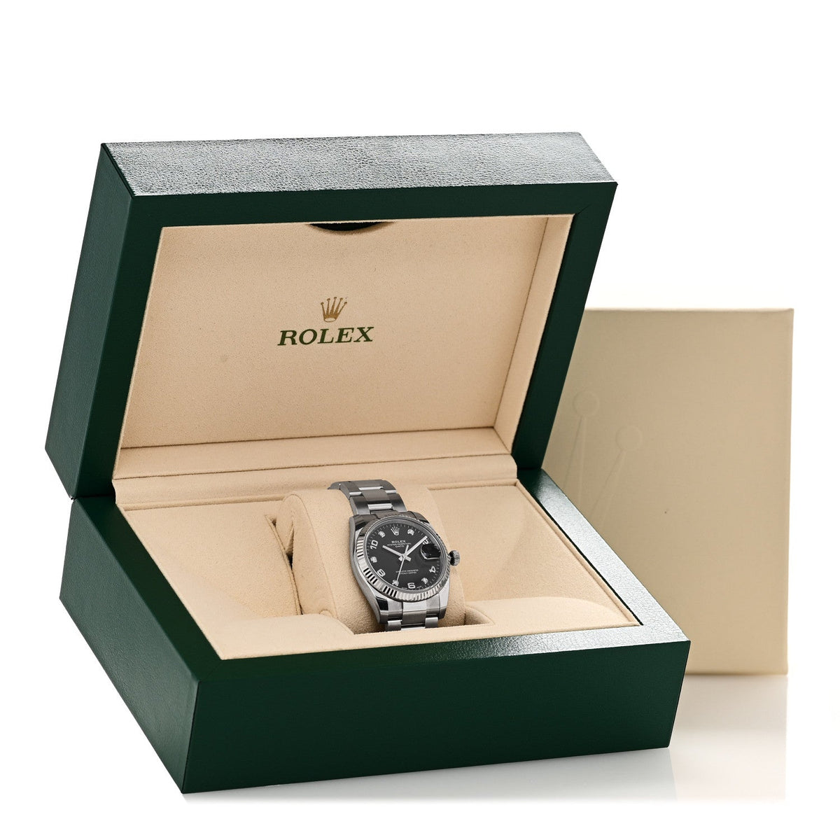 Rolex Stainless Steel 18K White Gold Diamond 34mm Oyster Perpetual Date Watch Black 115234