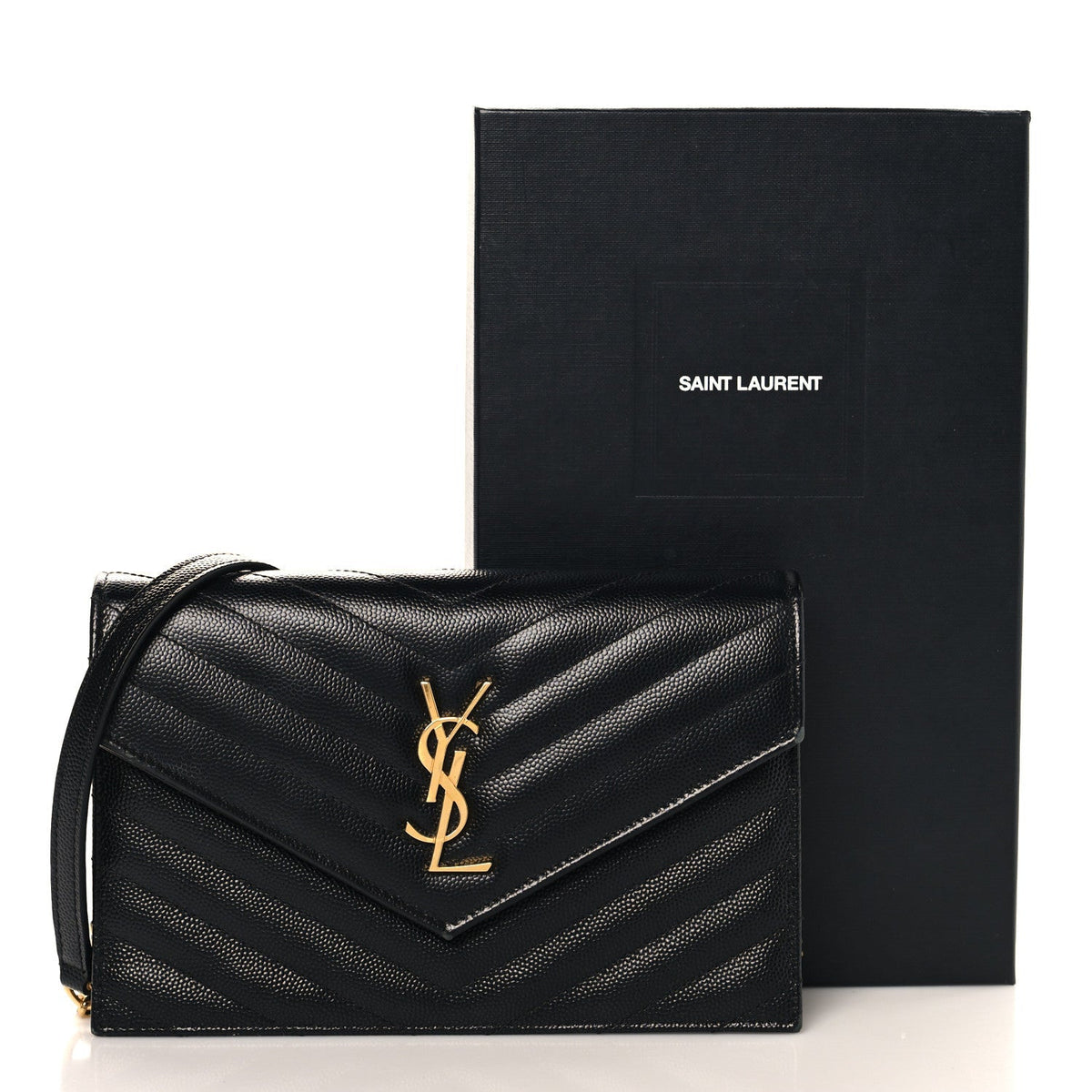 Saint Laurent Grain De Poudre Matelasse Chevron Monogram Envelope Chain Wallet Black