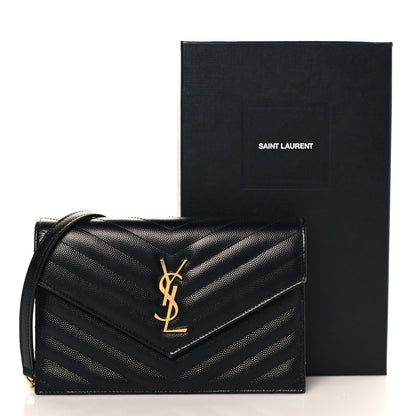 Saint Laurent Grain De Poudre Matelasse Chevron Monogram Envelope Chain Wallet Black