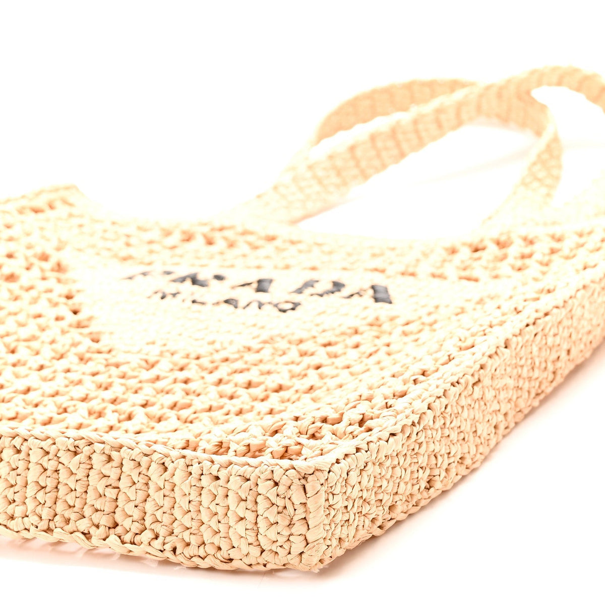 Prada Crochet Raffia Effect Logo Embroidered Tote Bag Naturale