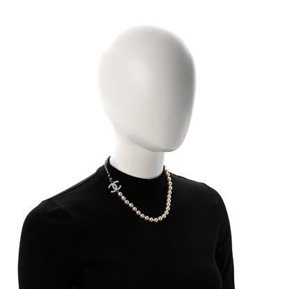 Chanel Lambskin Pearl Crystal CC Short Necklace Gold White Black