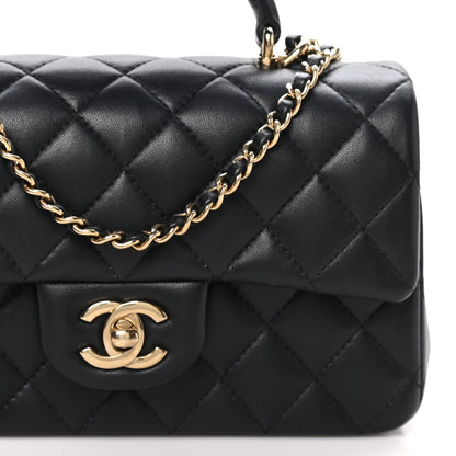 Chanel Lambskin Quilted Mini Top Handle Rectangular Flap Black