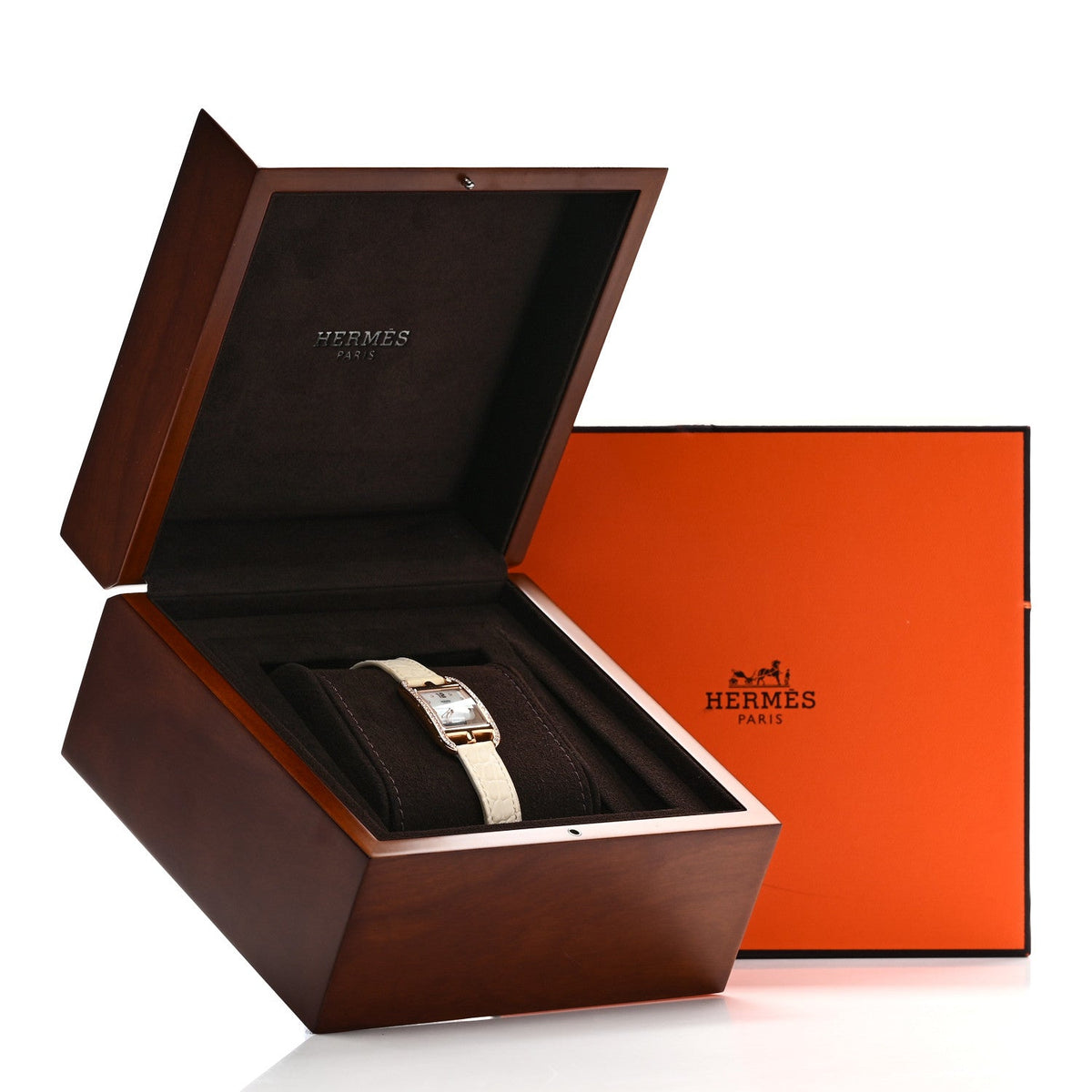 Hermes 18K Yellow Gold Alligator 23mm Cape Cod Quartz Watch Craie