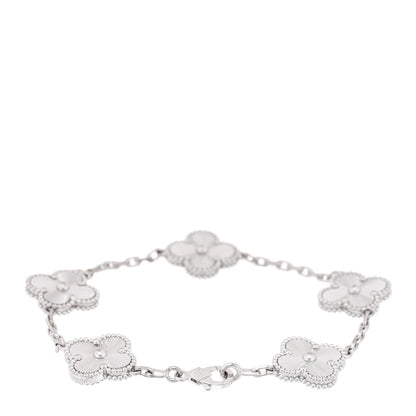 Van Cleef & Arpels 18K White Gold 5 Motifs Guilloche Vintage Alhambra Bracelet
