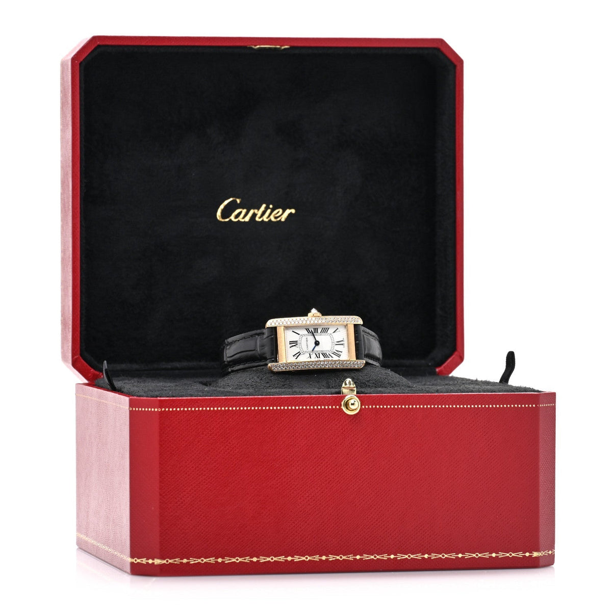 Cartier 18K Yellow Gold Diamond 19mm Tank Americaine Watch Black