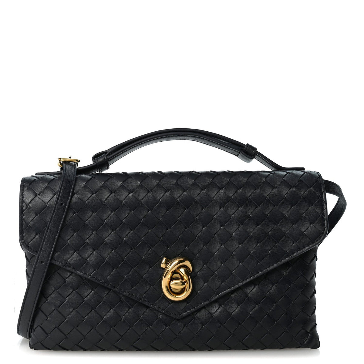 Bottega Veneta Nappa Intrecciato Knot Lock Top Handle Bag Midnight