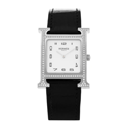 Hermès Stainless Steel Alligator Diamond Mother of Pearl 26mm Heure H Watch Noir