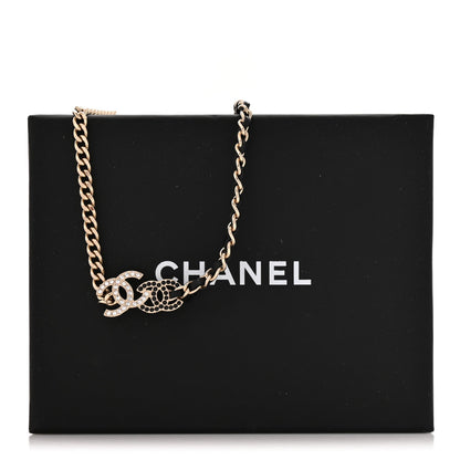 Chanel Metal Calfskin Crystal CC Short Necklace Black Gold