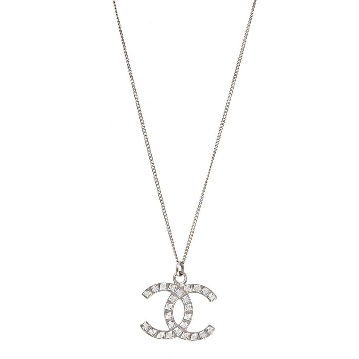 Chanel Baguette Crystal CC Necklace Silver
