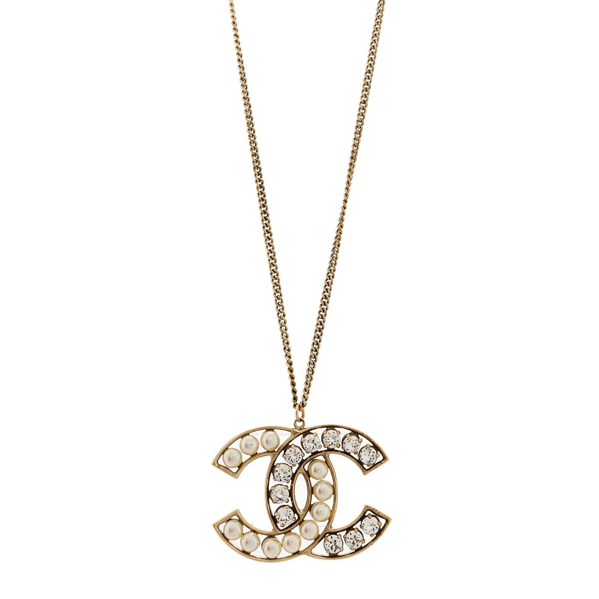Chanel Pearl Crystal CC Pendant Necklace Gold