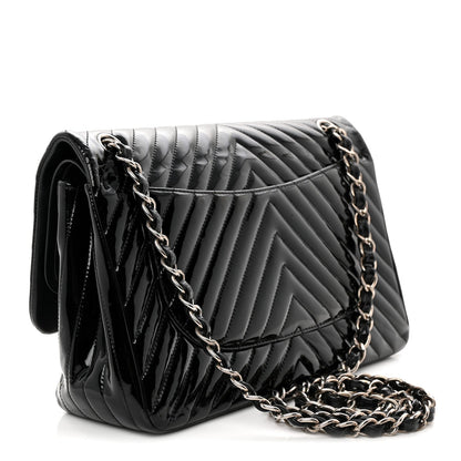 Chanel Patent Chevron Quilted Jumbo Double Flap Bag Black