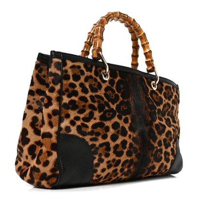 Gucci Pony Hair Cheetah Print Medium Bamboo Shopper Tote Bag