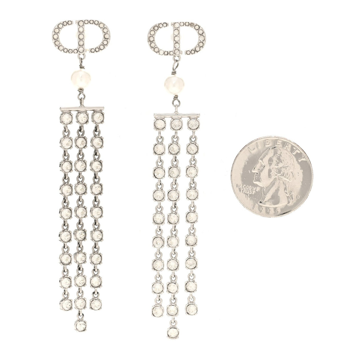 Christian Dior Metal Crystal Pearl CD Drop Earrings Silver