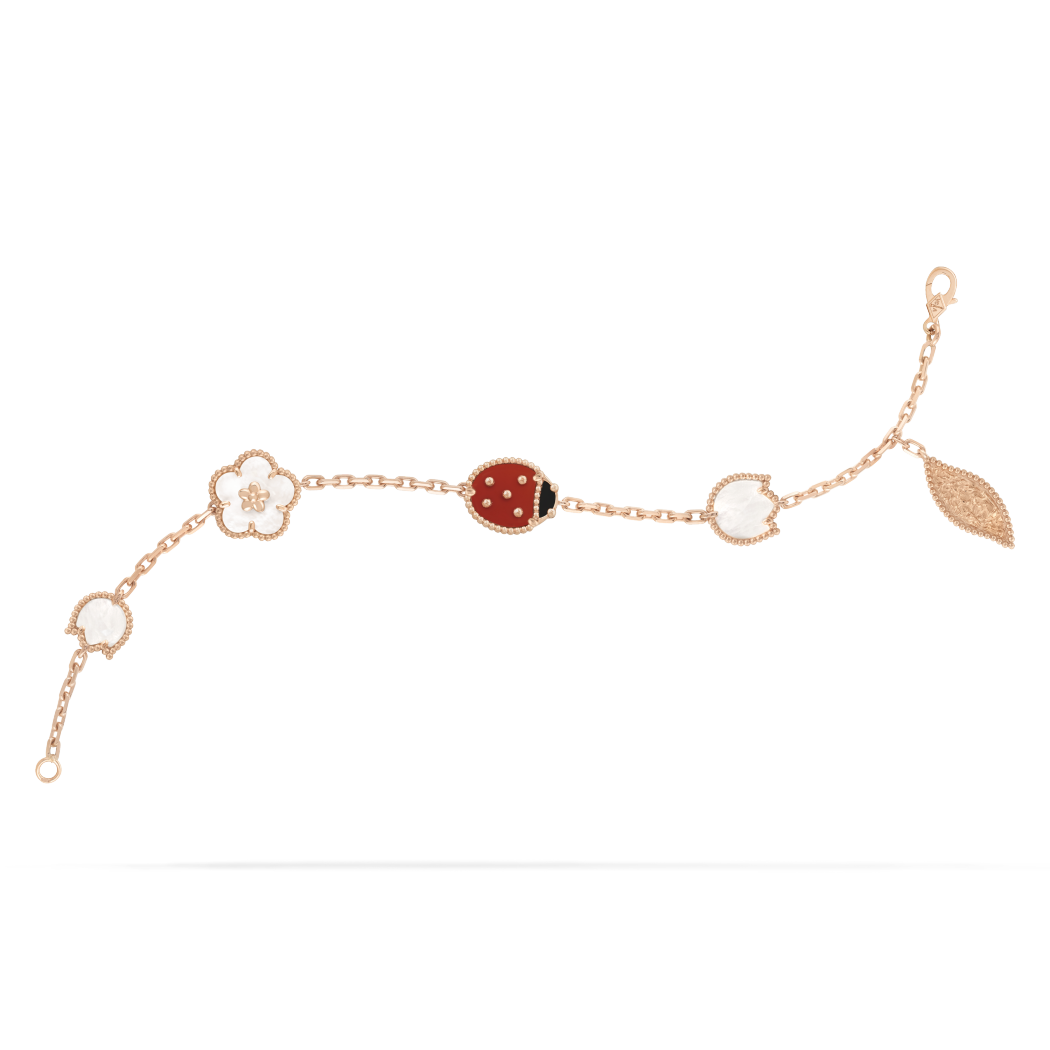 18K Rose Gold MOP Carnelian Onyx VCA Lucky Spring Bracelet 5 Motifs