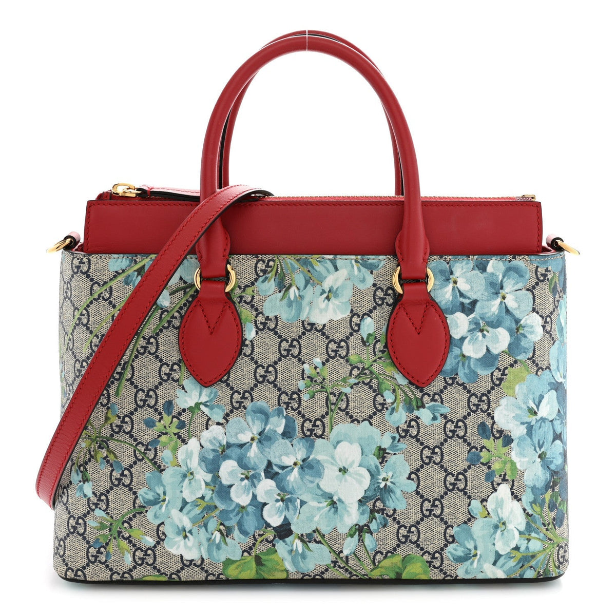 Gucci GG Supreme Blooms Small Zip Top Tote Beige Blue Navy Hibiscus Red