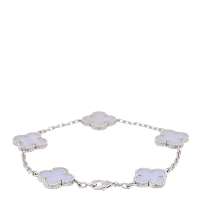 Van Cleef & Arpels 18K White Gold Chalcedony 5 Motifs Vintage Alhambra Bracelet