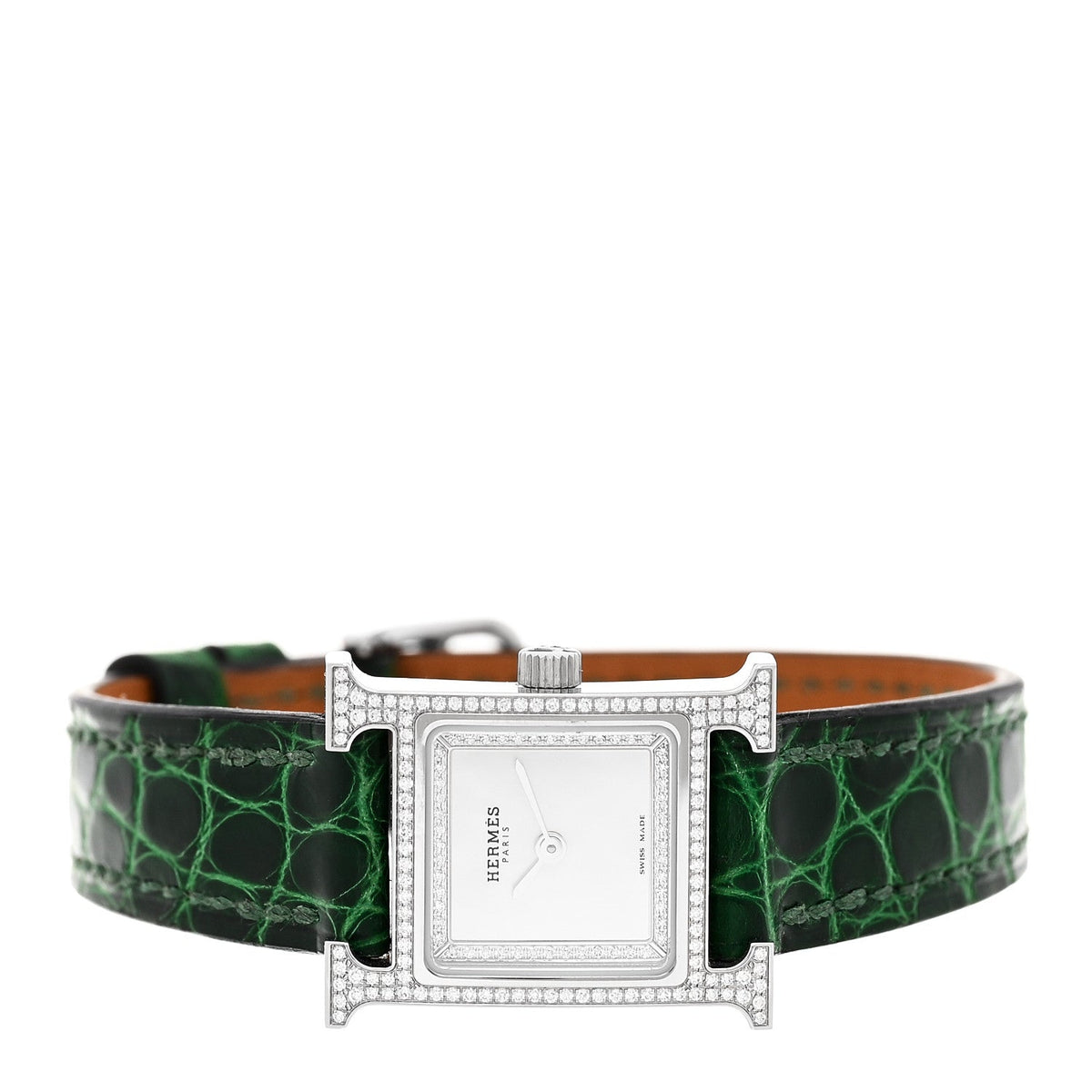 Hermes Stainless Steel Alligator Diamond 17.2mm Heure H Watch Vert Moyen