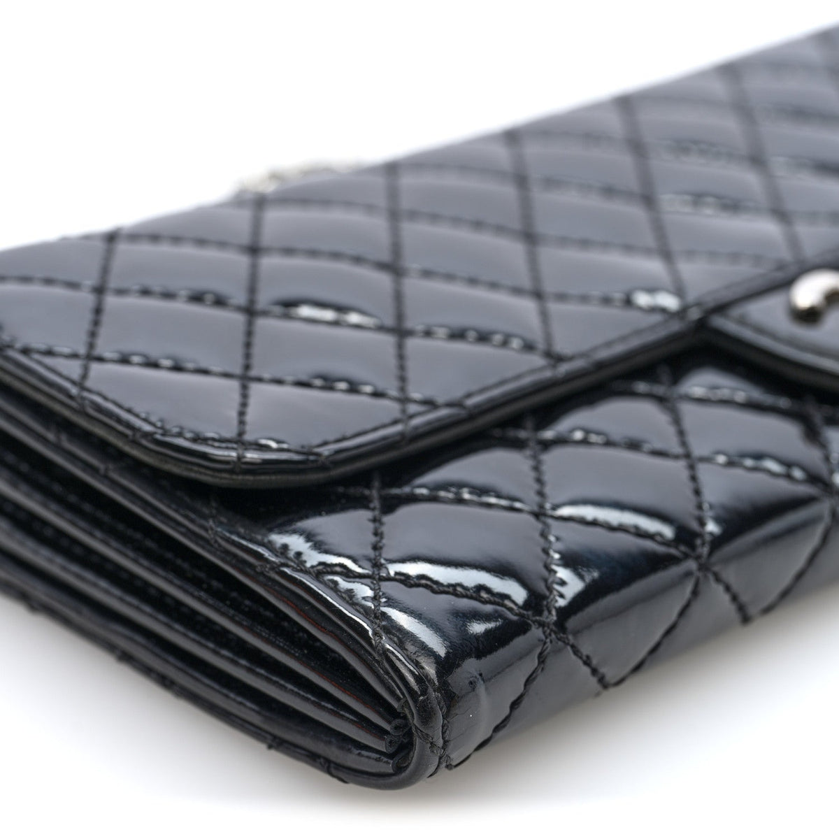 Chanel Patent Calfskin Quilted Flap Clutch With Chain Black