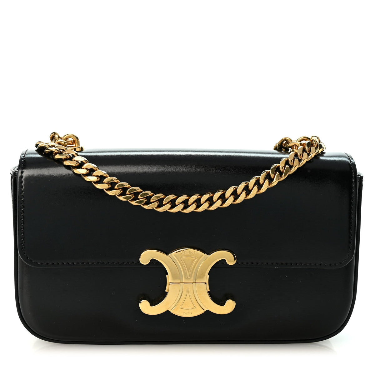 Celine Shiny Calfskin Triomphe Chain Shoulder Bag Black 1986036