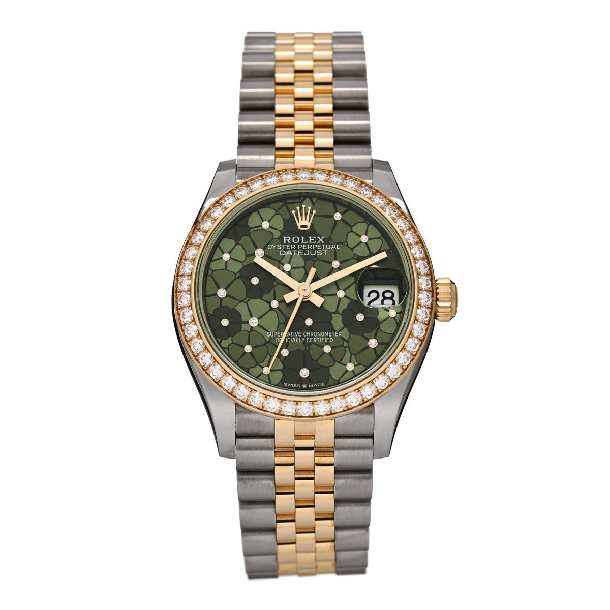 Rolex Stainless Steel 18K Yellow Gold Diamond 31mm Datejust Watch Green 278383RBR