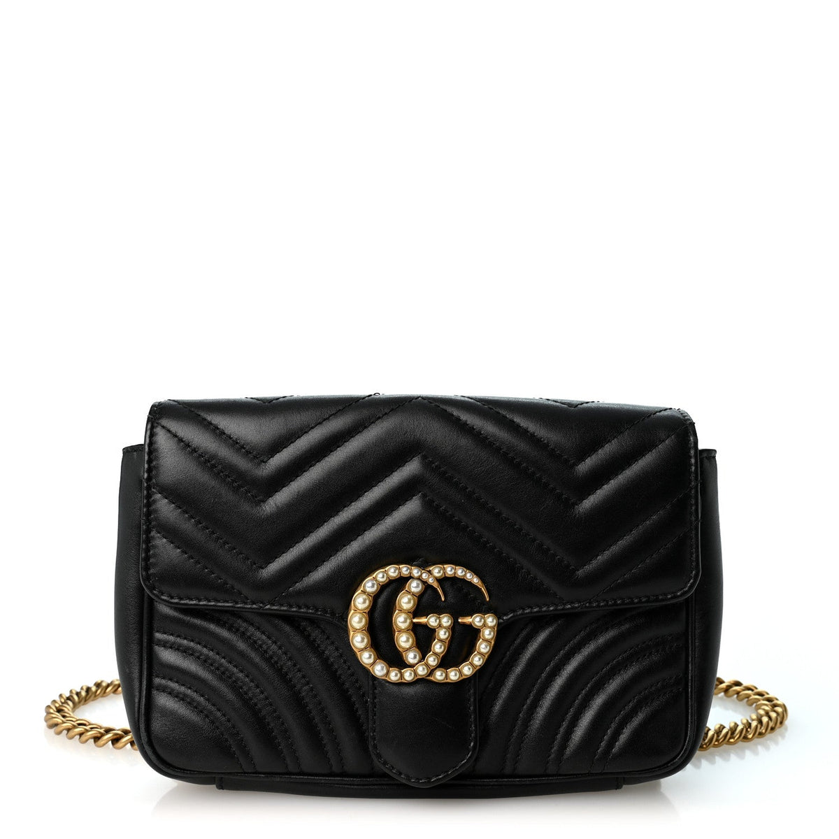 Gucci Calfskin Matelasse Pearly GG Marmont Chain Belt Bag Black